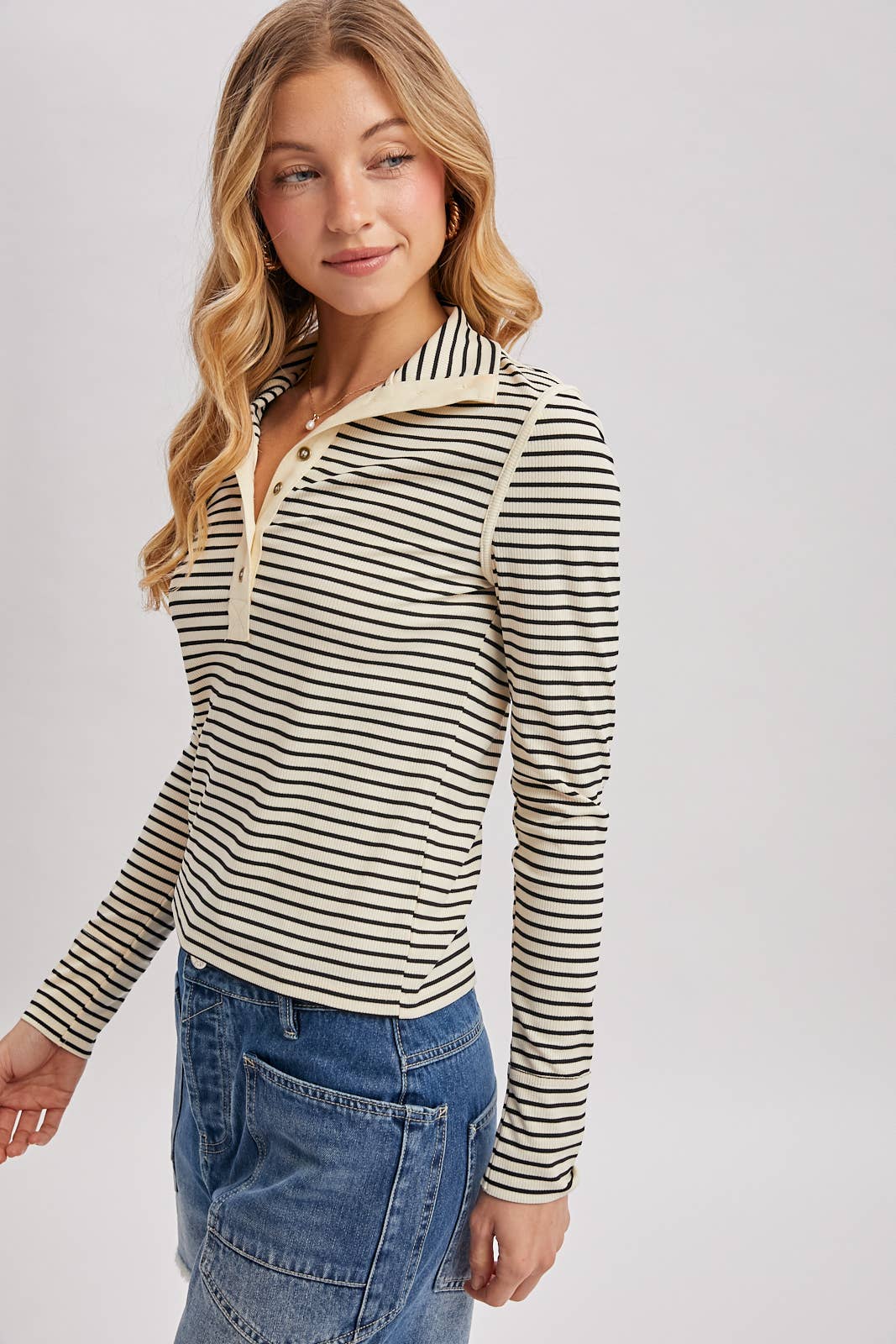 Striped Button-Down Henley Knit Top