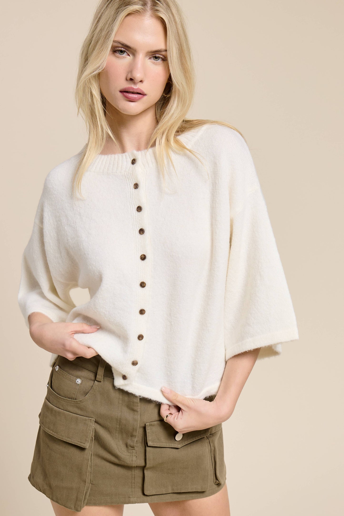 Button Front Short Sleeve Knit Cardigan