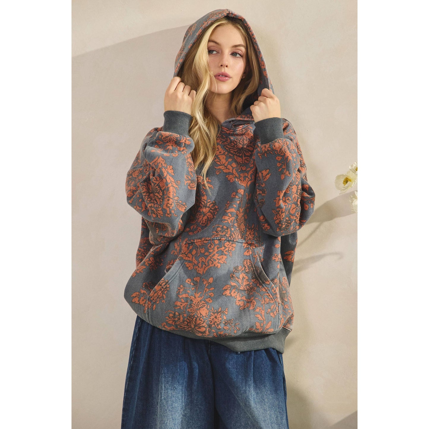 Vintage Wash Floral Fleece Hoodi