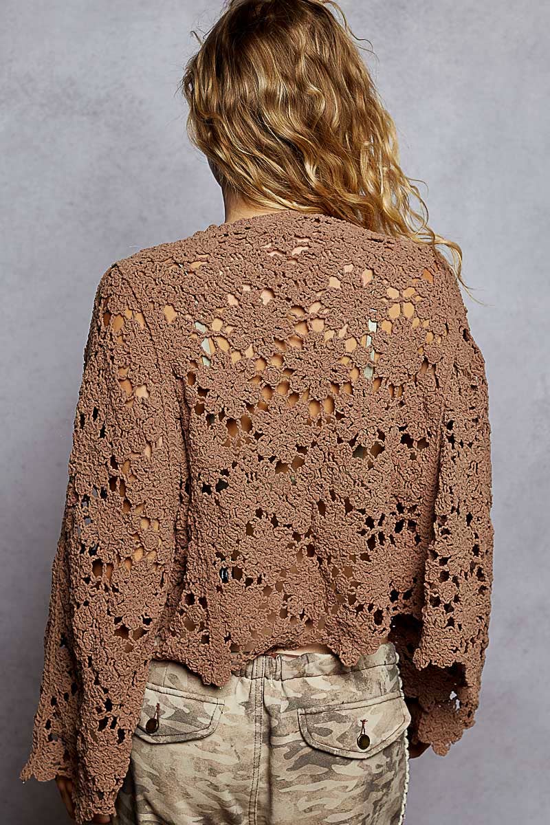 Flare sleeve scalloped edge solid crochet sweater - 2 color options