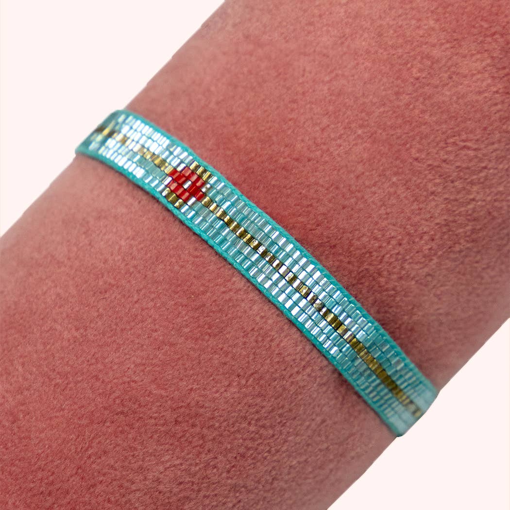 Beaded Bracelet Narrow - Aqua & Gold with Diamond