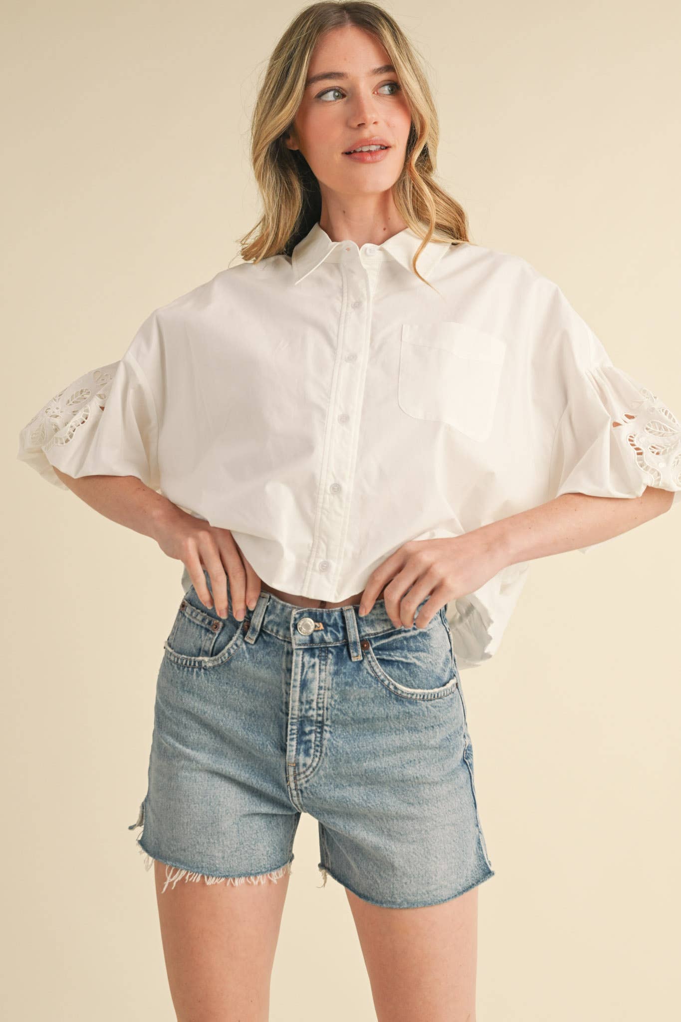 Eyelet Embroidered Bubble Sleeve Top