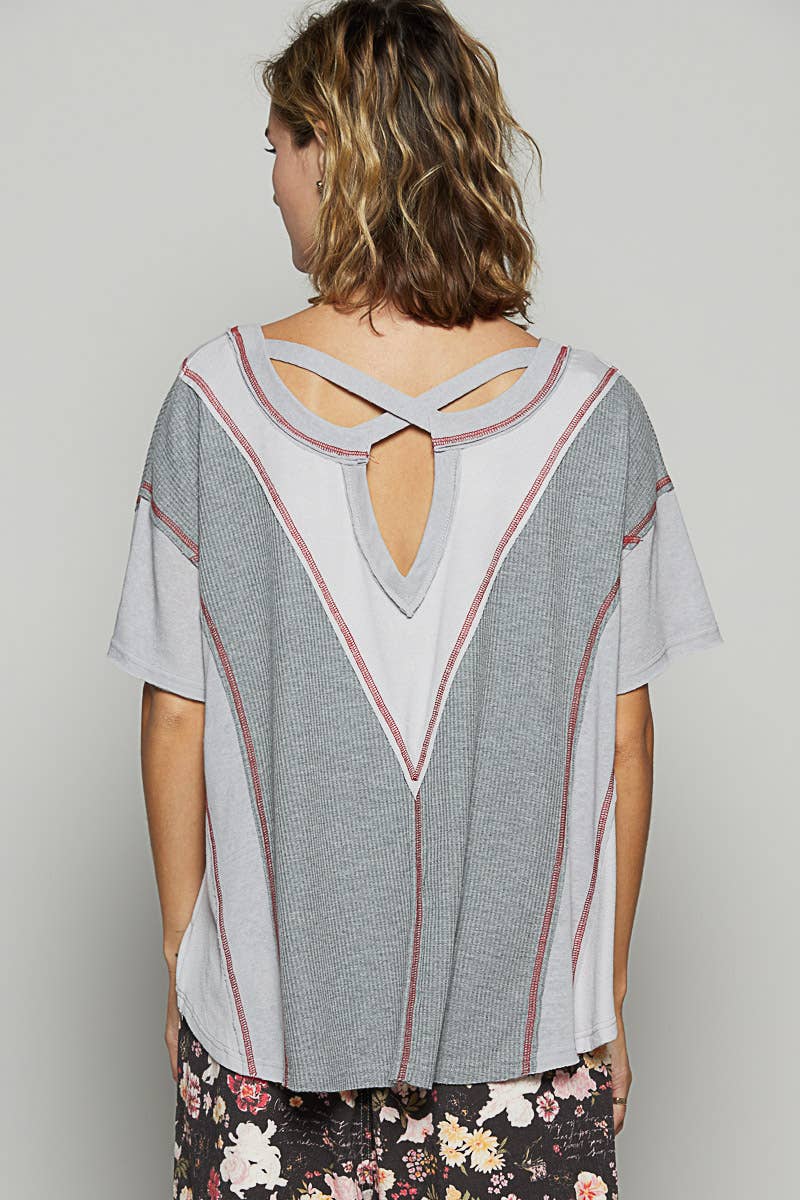 Round neck short sleeve strap thermal knit top