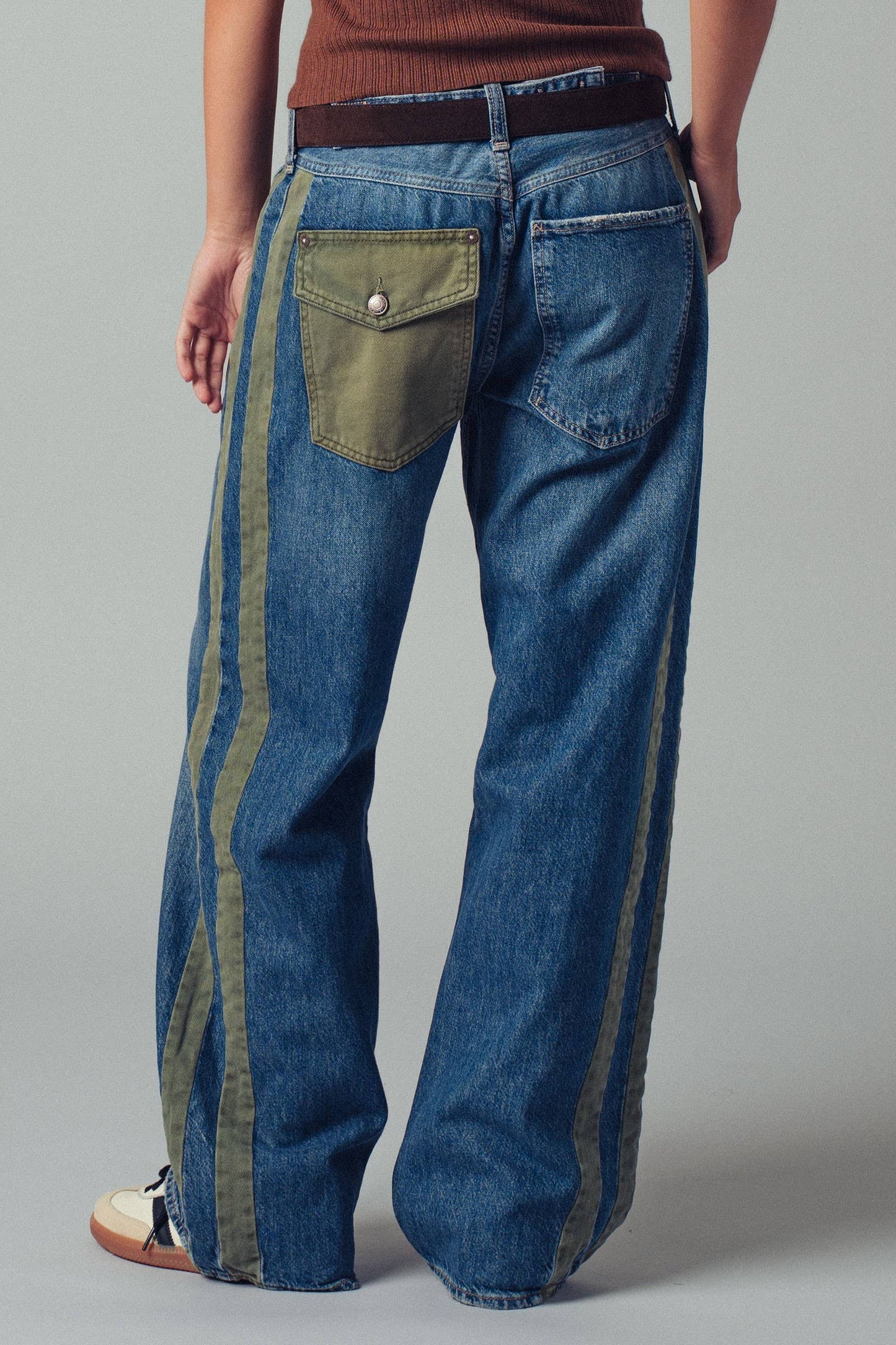 Slouchy Relaxed Wide-Leg Utility Stripe Denim Jeans