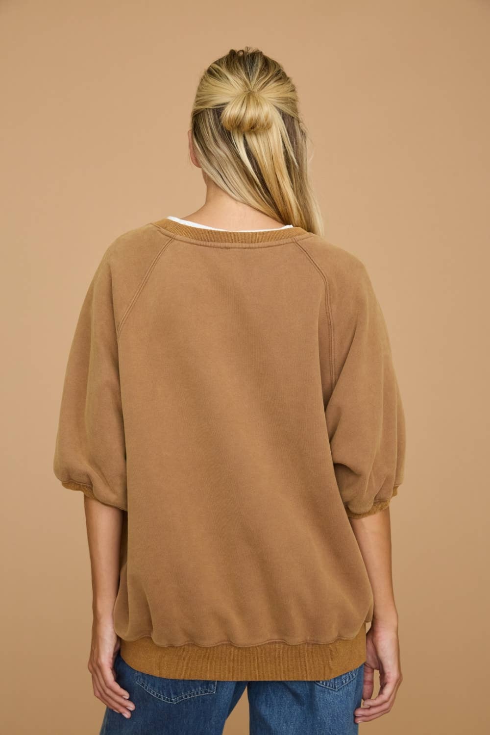 Washed Short Puff Sleeve Pullover Sweatshirt