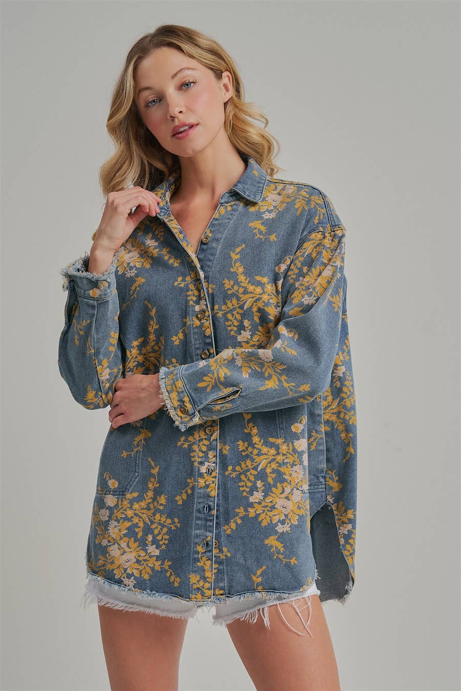 Floral Denim Relaxed Shirt/Jacket with Pockets