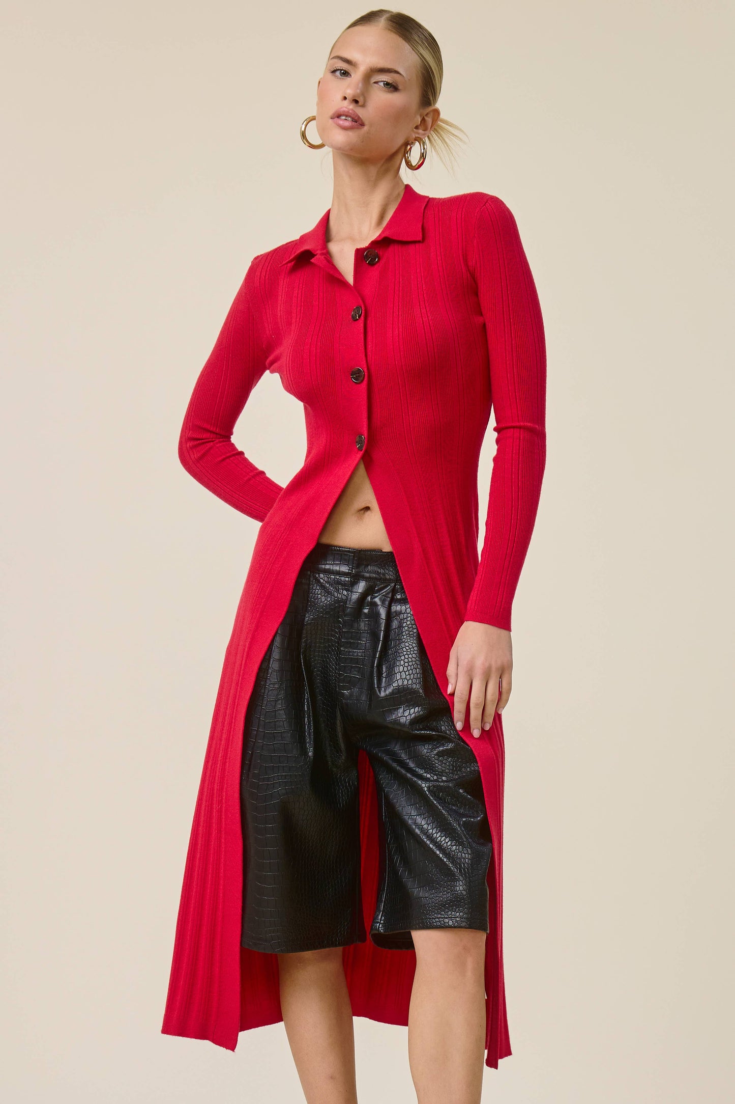 Collared Ribbed Knit Duster Cardigan