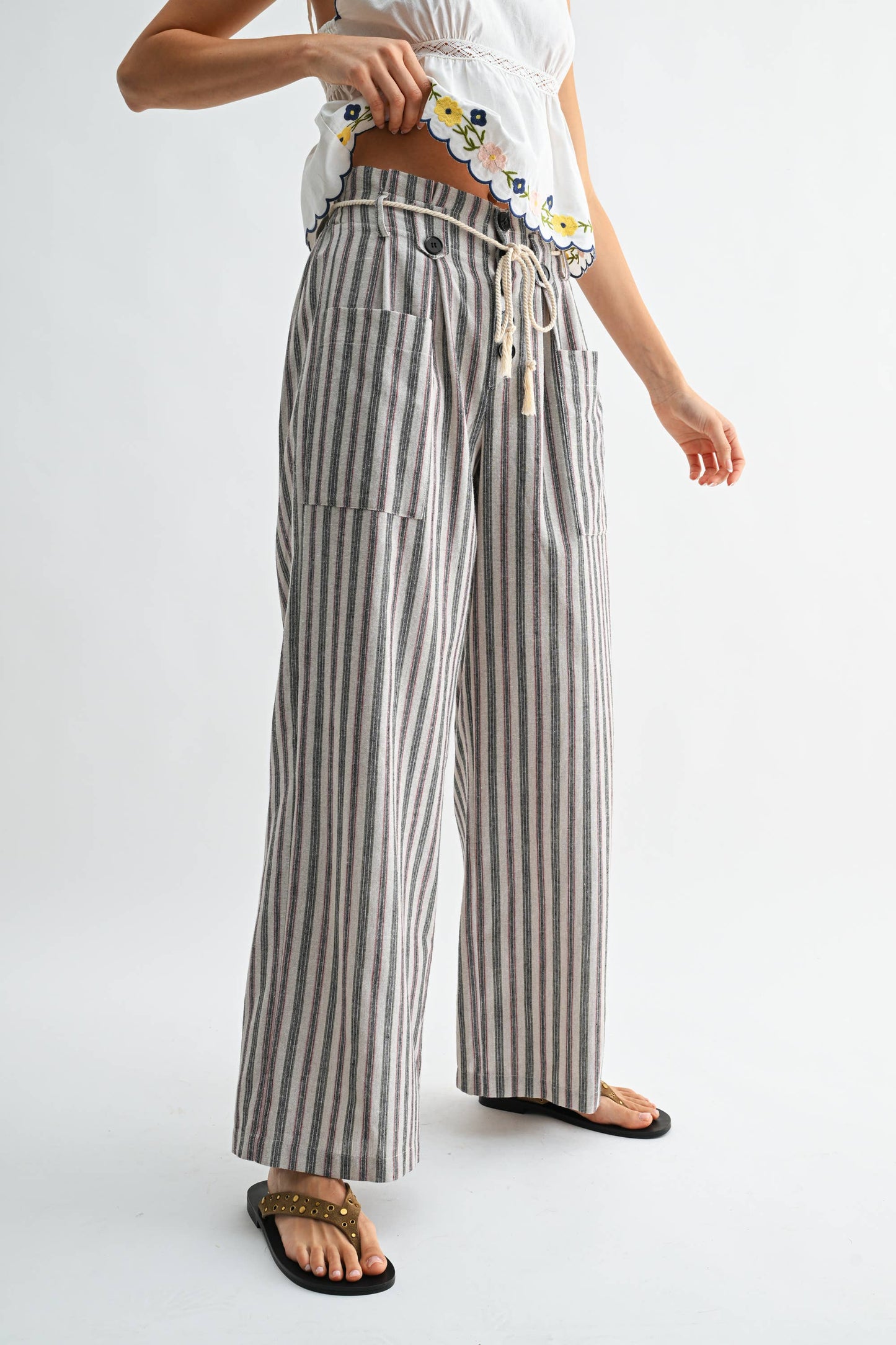 Striped Linen-Blend Wide Leg Pants with Drawstring