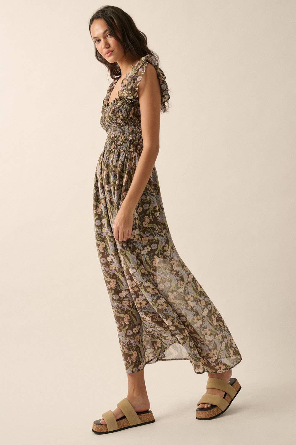 Floral Sheer Square-Neck Smocked-Bodice Maxi Dress