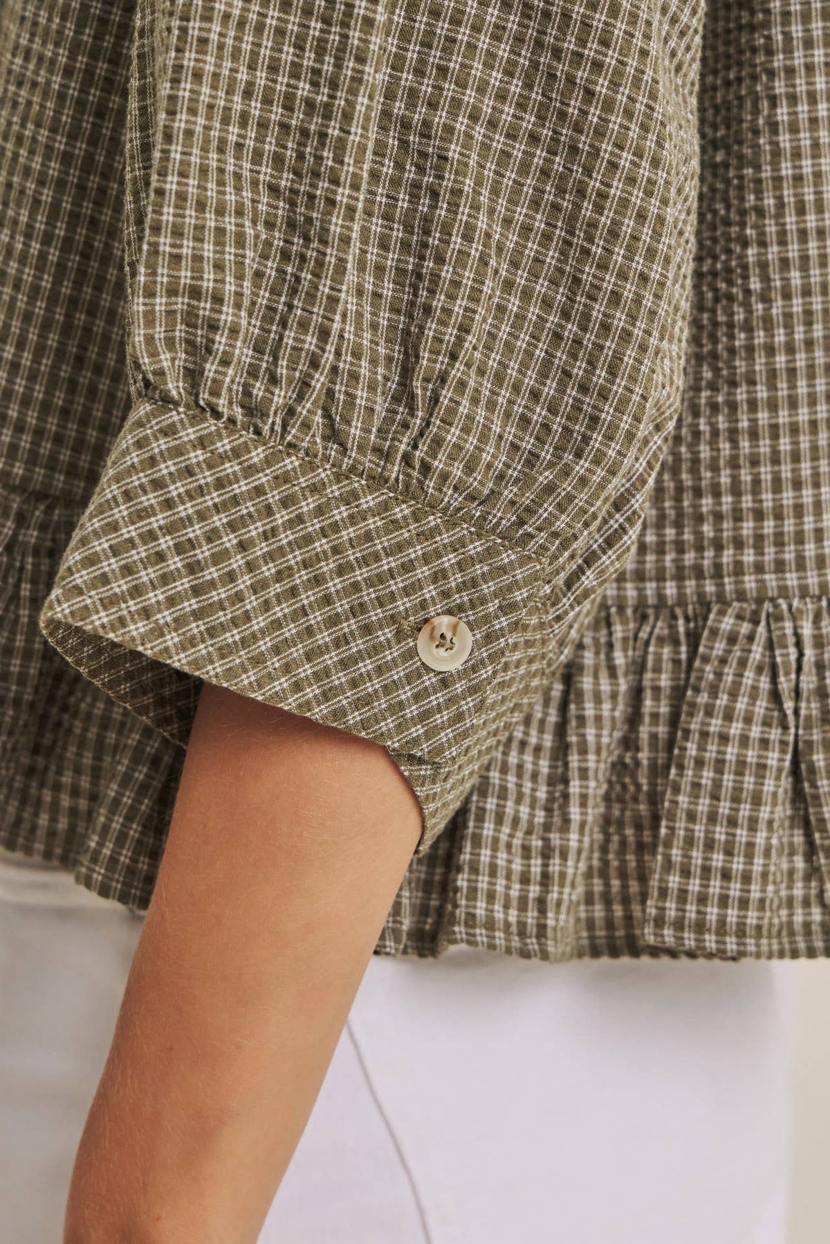 Morning Oat Micro Check Ruffle Hem Button-Down Shirt