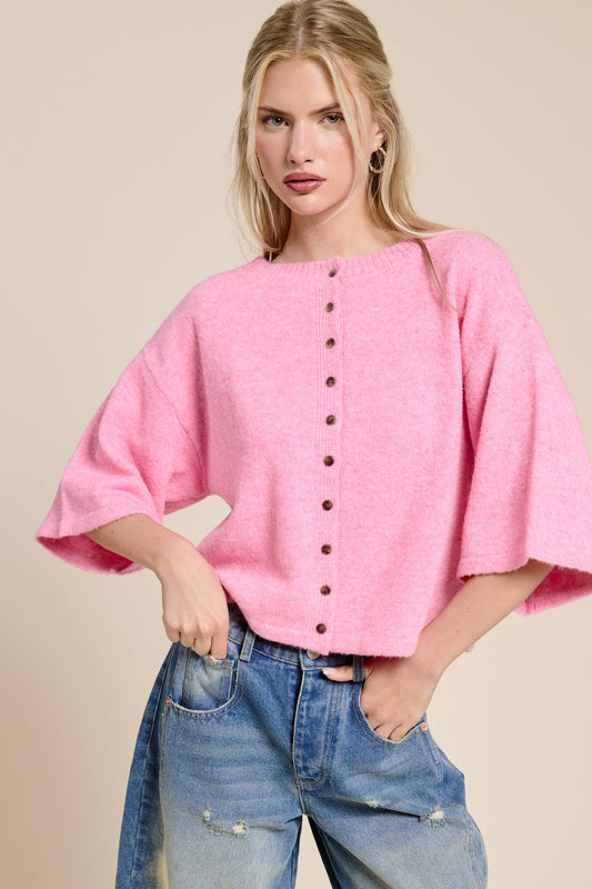 Button Front Short Sleeve Knit Cardigan