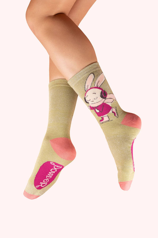 Glitter Ankle Socks - Skating Bunny