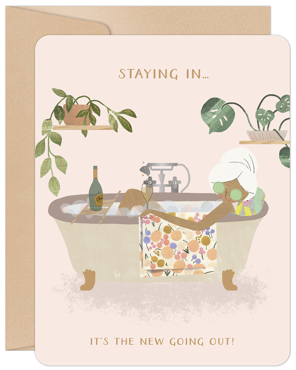 Staying In Woman Relaxing in Bath Birthday Card