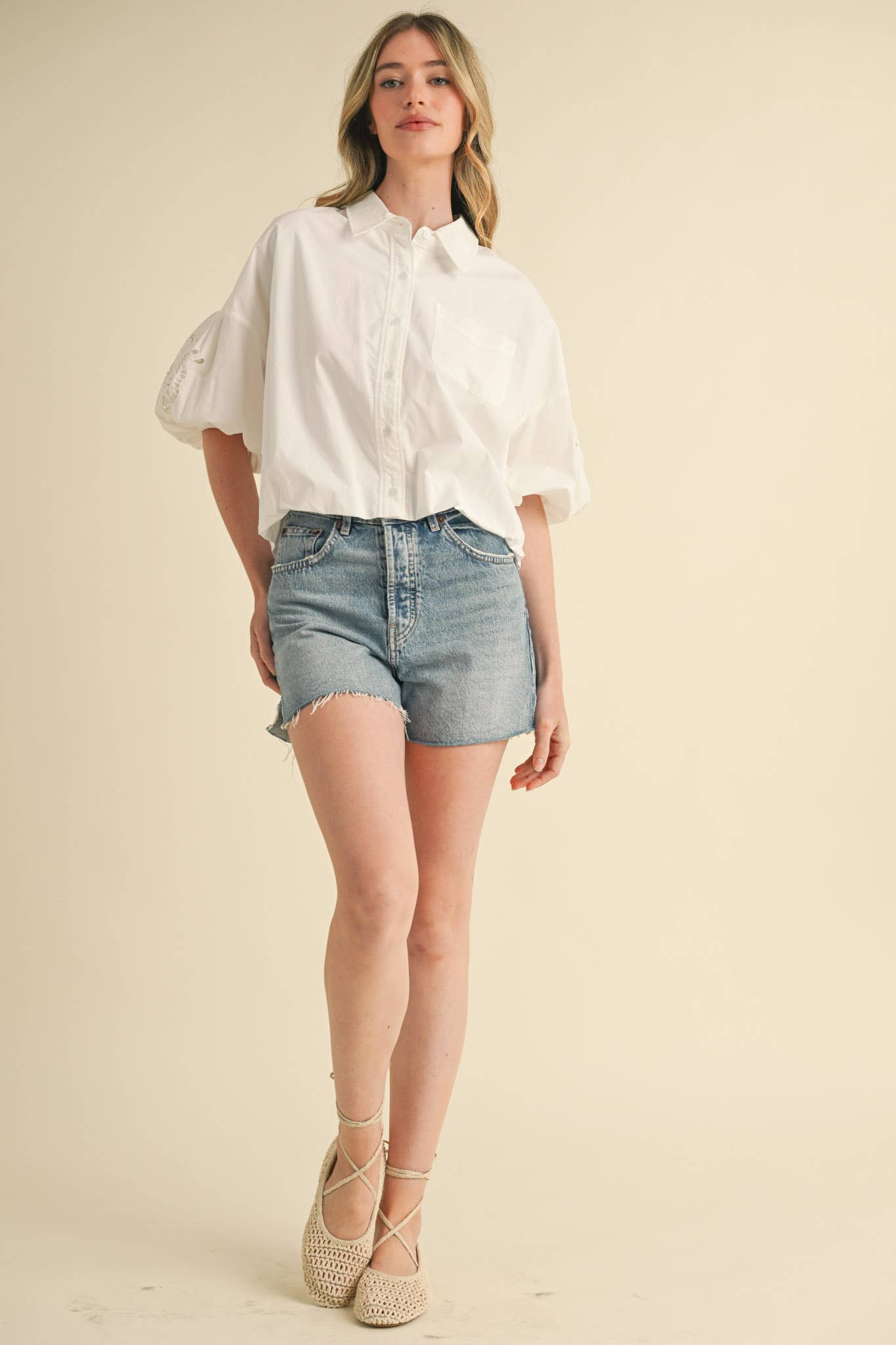 Eyelet Embroidered Bubble Sleeve Top