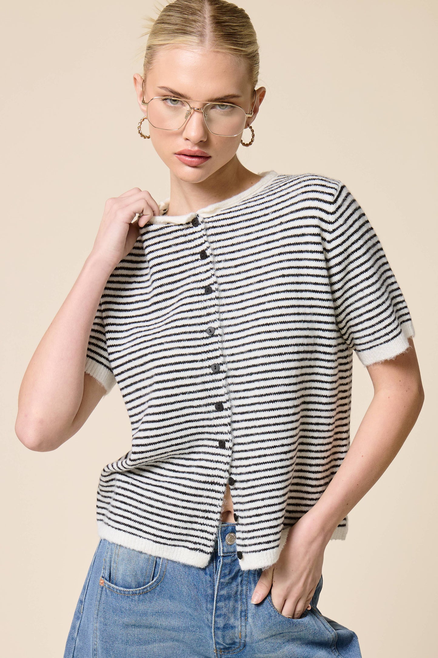 Muse Striped Short Sleeve Button Cardigan