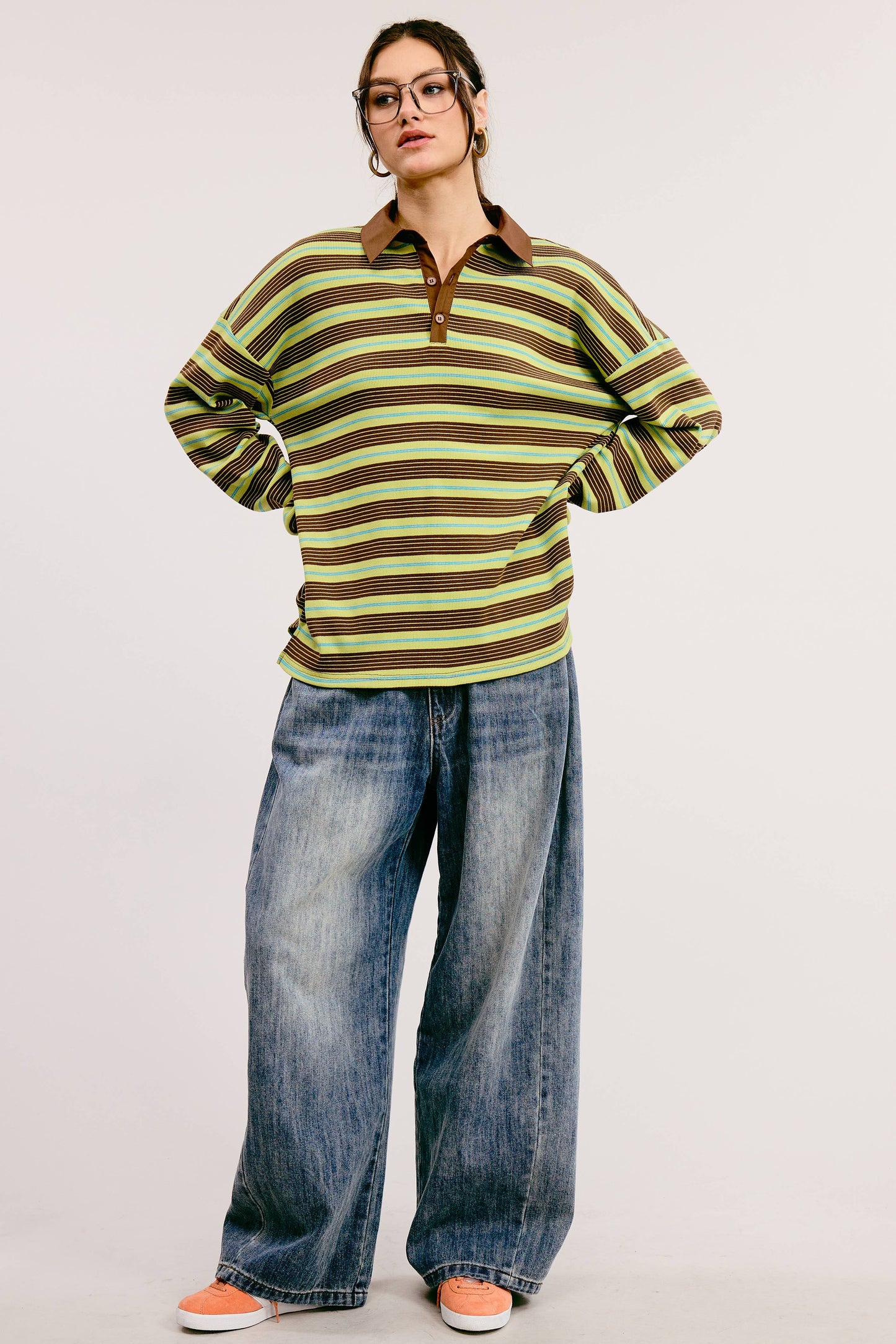 Multicolor Stripe Oversized Long Sleeve Polo Shirt