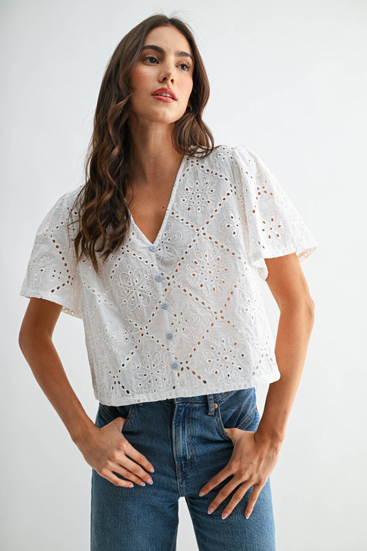White Broderie Anglaise Short Sleeve Blouse