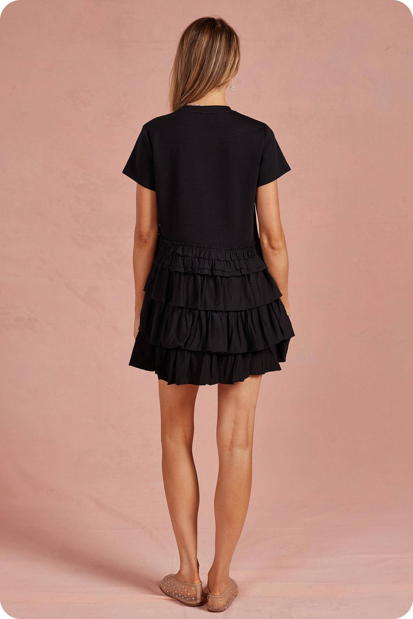Ruffle Frill Asymmetric Tiered Mixed Media Tee Mini Dress