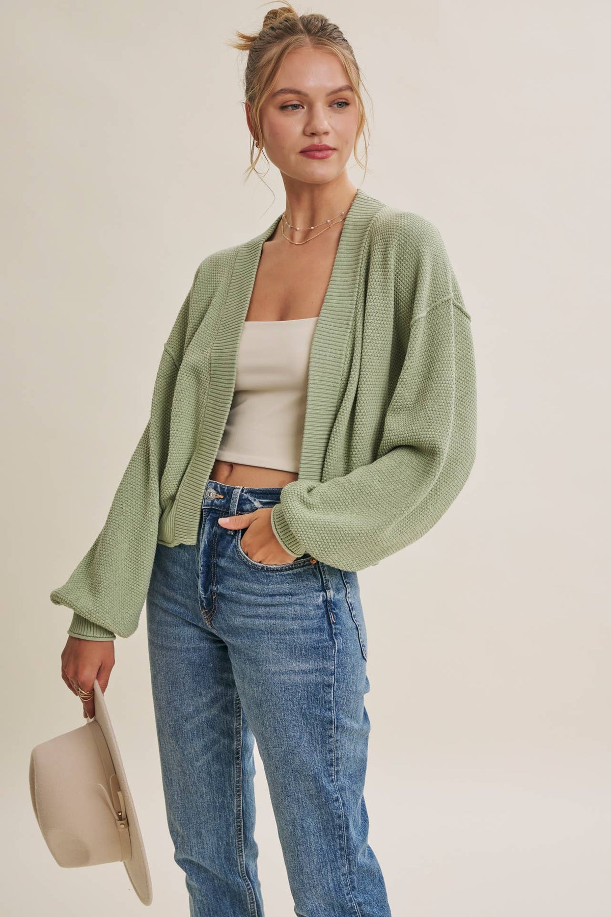 Everyday Essential Easy Layering Balloon Sleeve Waffle Cardigan