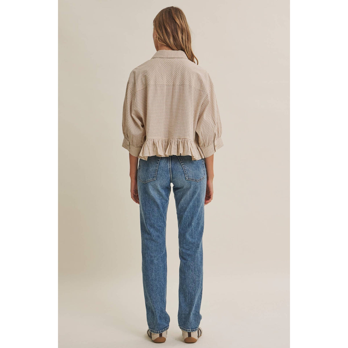 Morning Oat Micro Check Ruffle Hem Button-Down Shirt