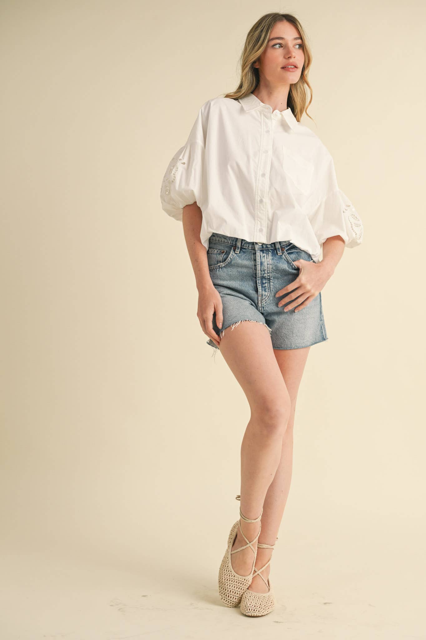 Eyelet Embroidered Bubble Sleeve Top