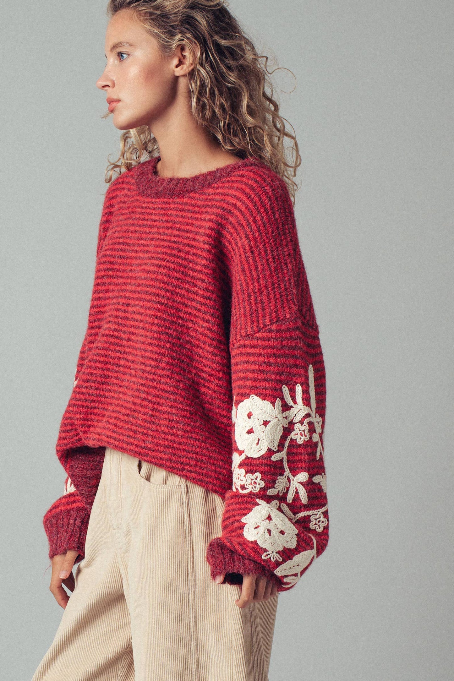 Floral Embroidered Striped Knit Sweater - Rusty Red