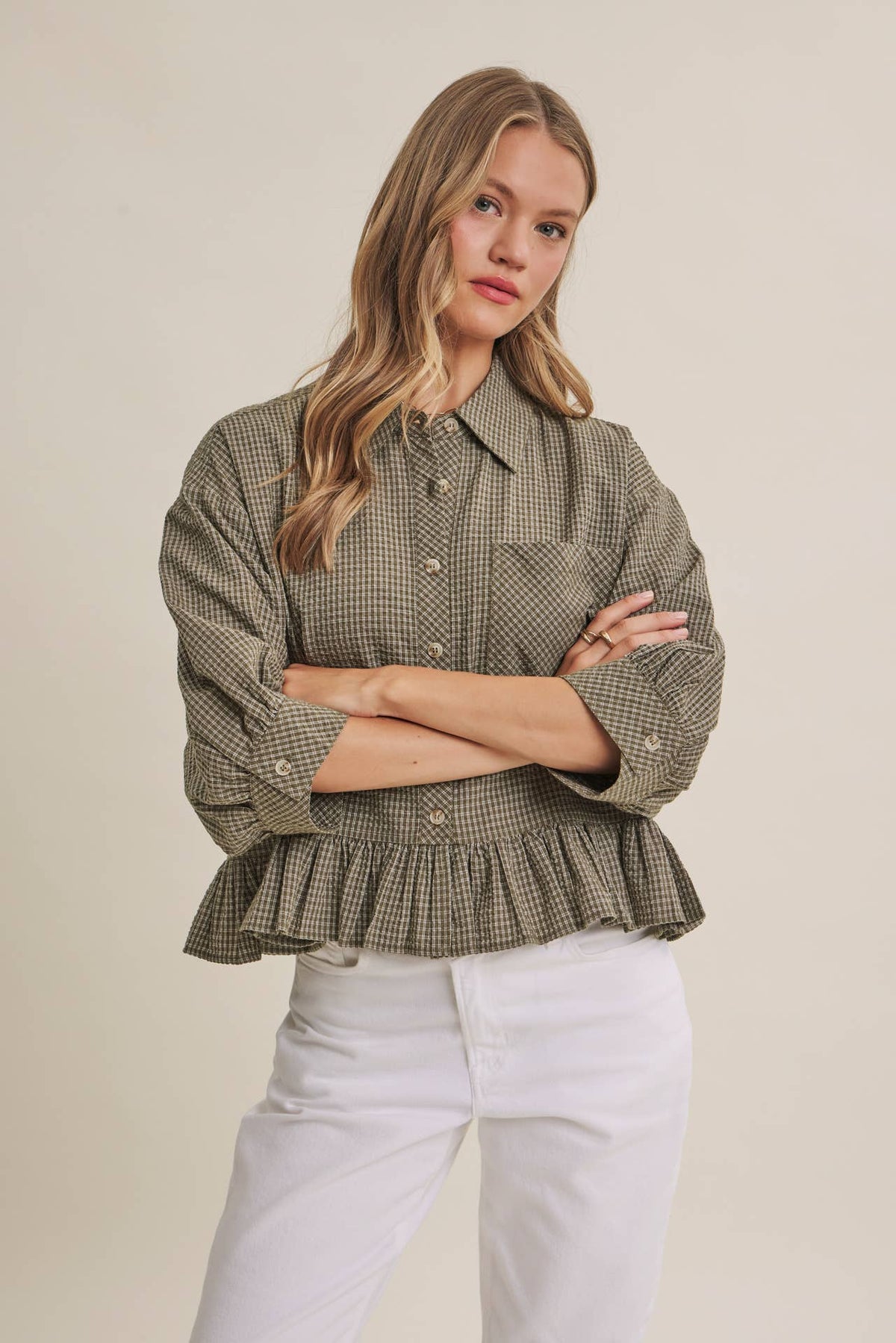 Morning Oat Micro Check Ruffle Hem Button-Down Shirt