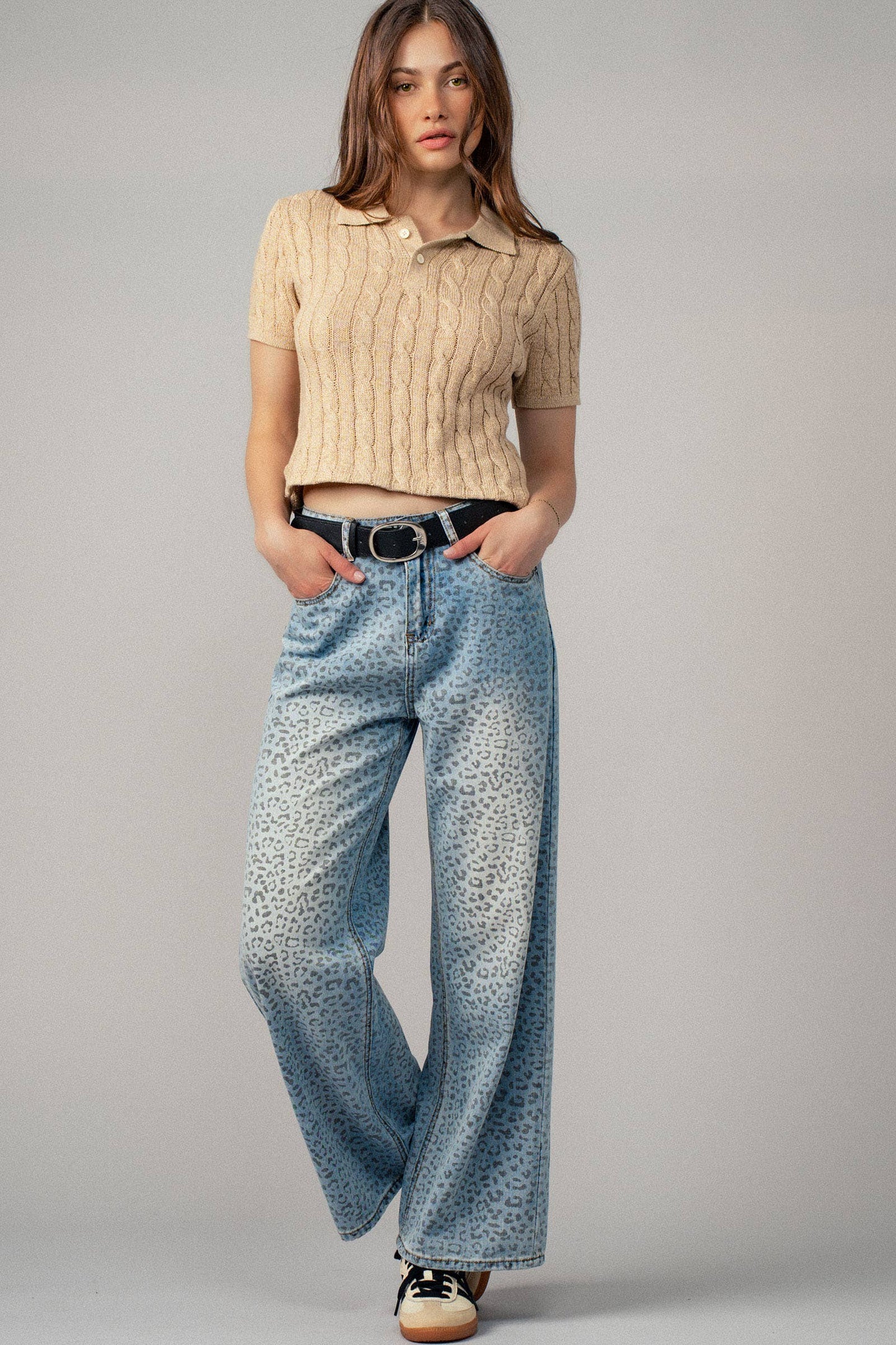 Leopard Print Wide-Leg Denim Pants