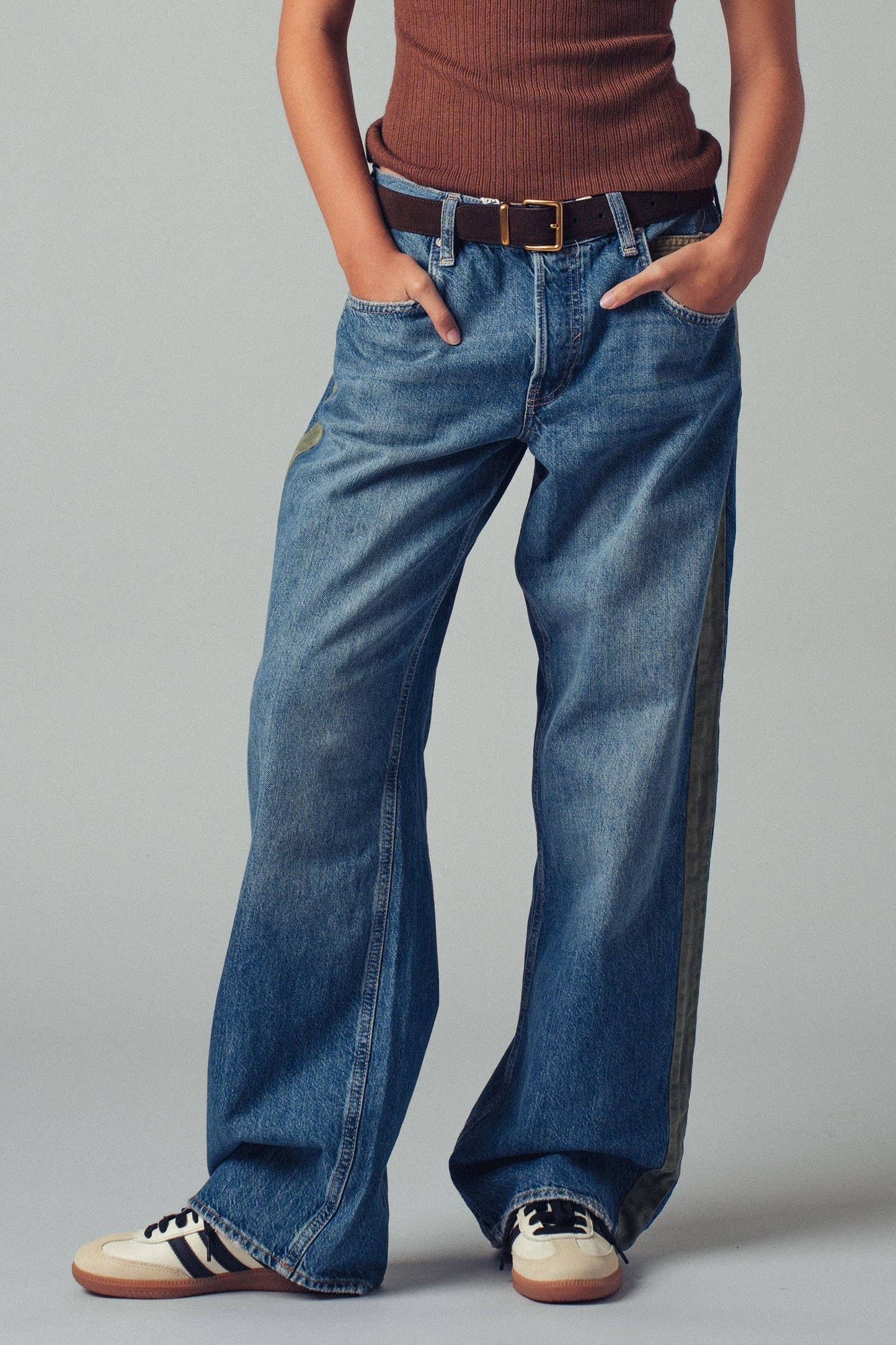Slouchy Relaxed Wide-Leg Utility Stripe Denim Jeans