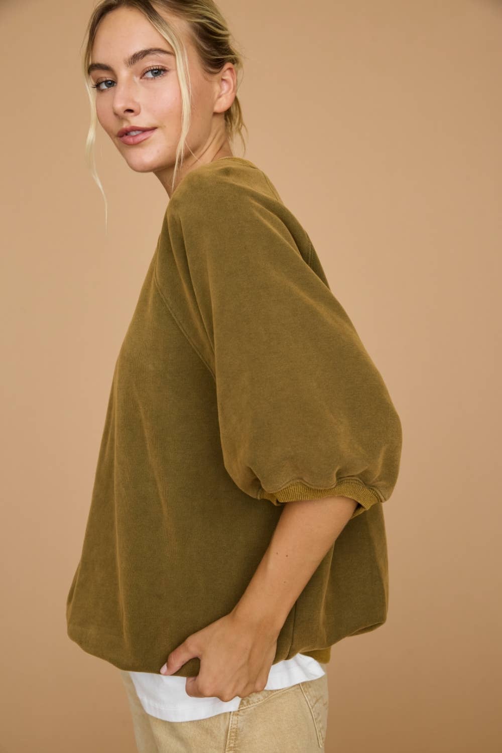 Washed Short Puff Sleeve Pullover Sweatshirt