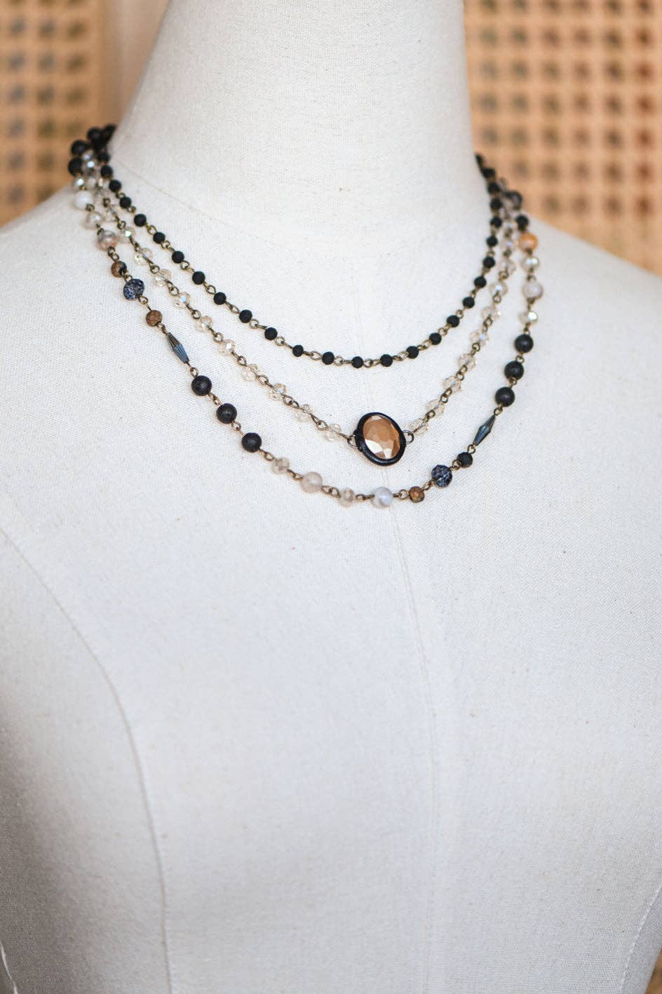 Triple Layered Glass and Stone Necklace