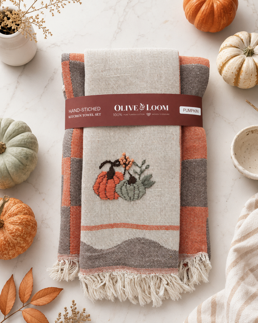 Pumpkin Hand-Stitched Tea Towel Set