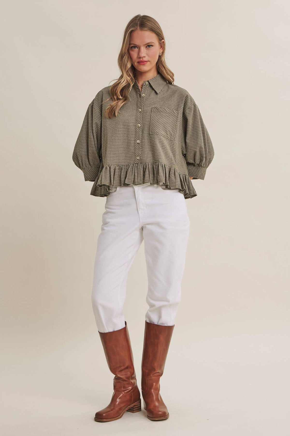 Morning Oat Micro Check Ruffle Hem Button-Down Shirt
