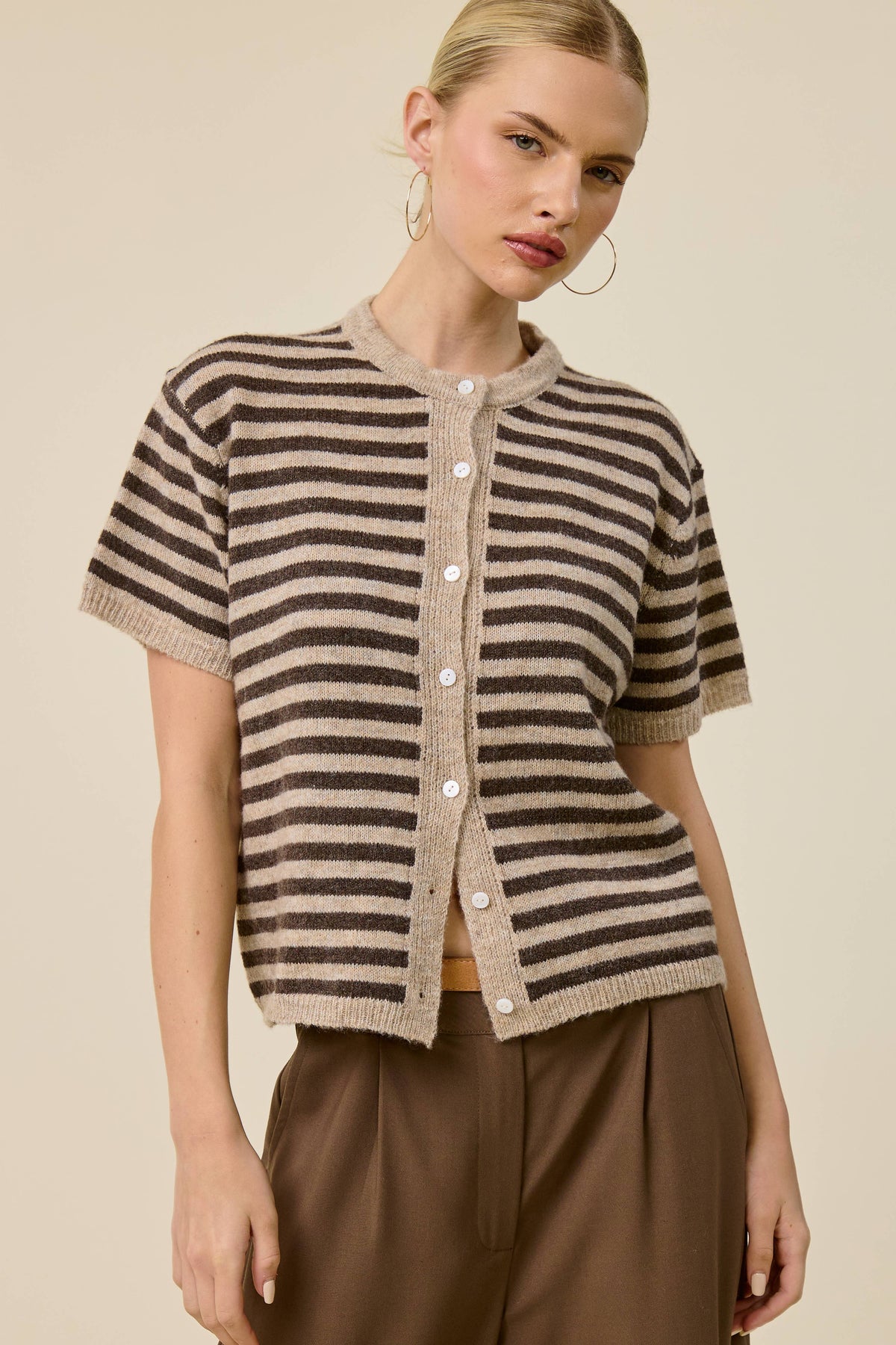 Striped Short Sleeve Knit Cardigan
