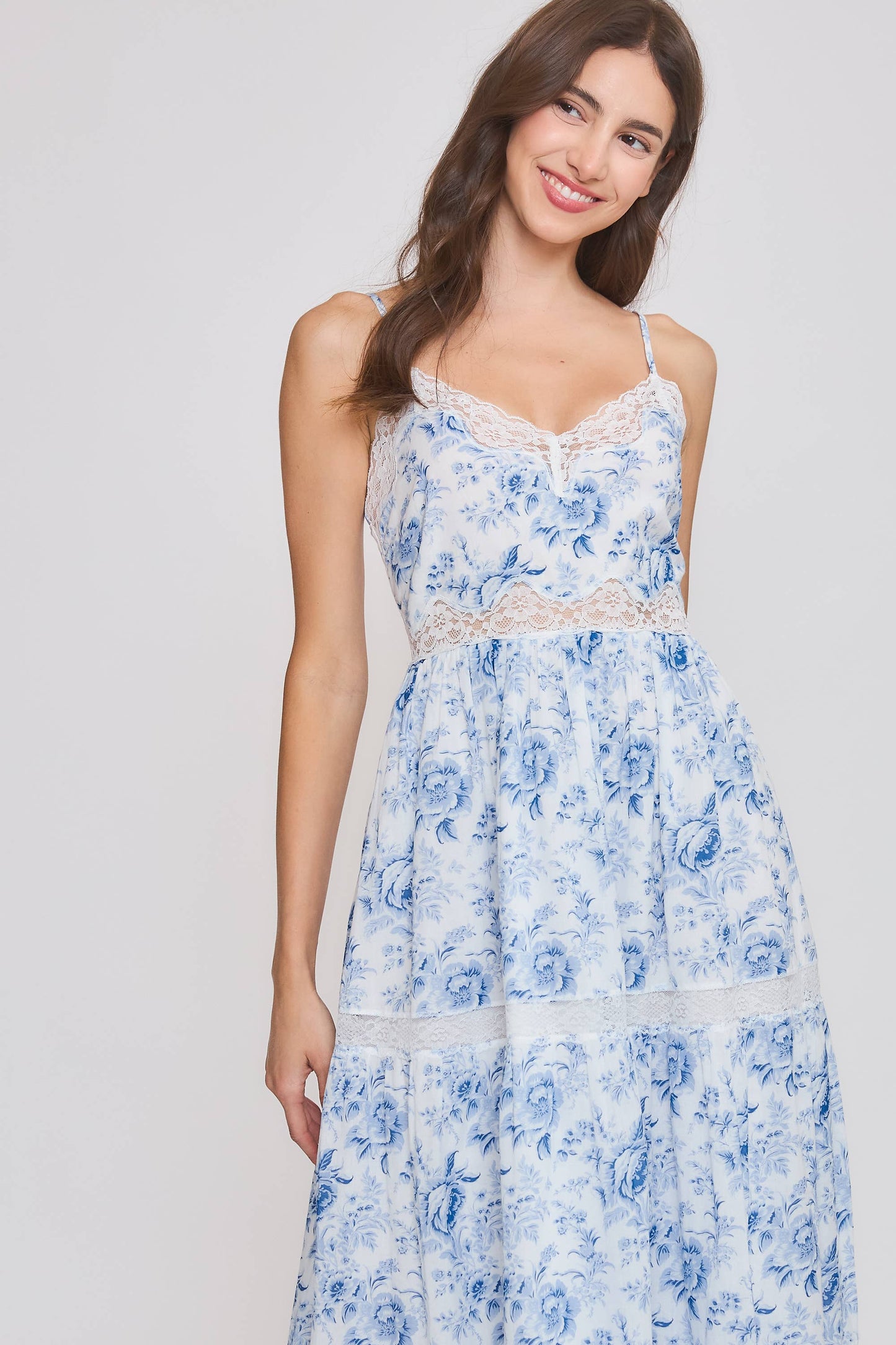 100% Cotton Floral Midi Dress with Lace Trim