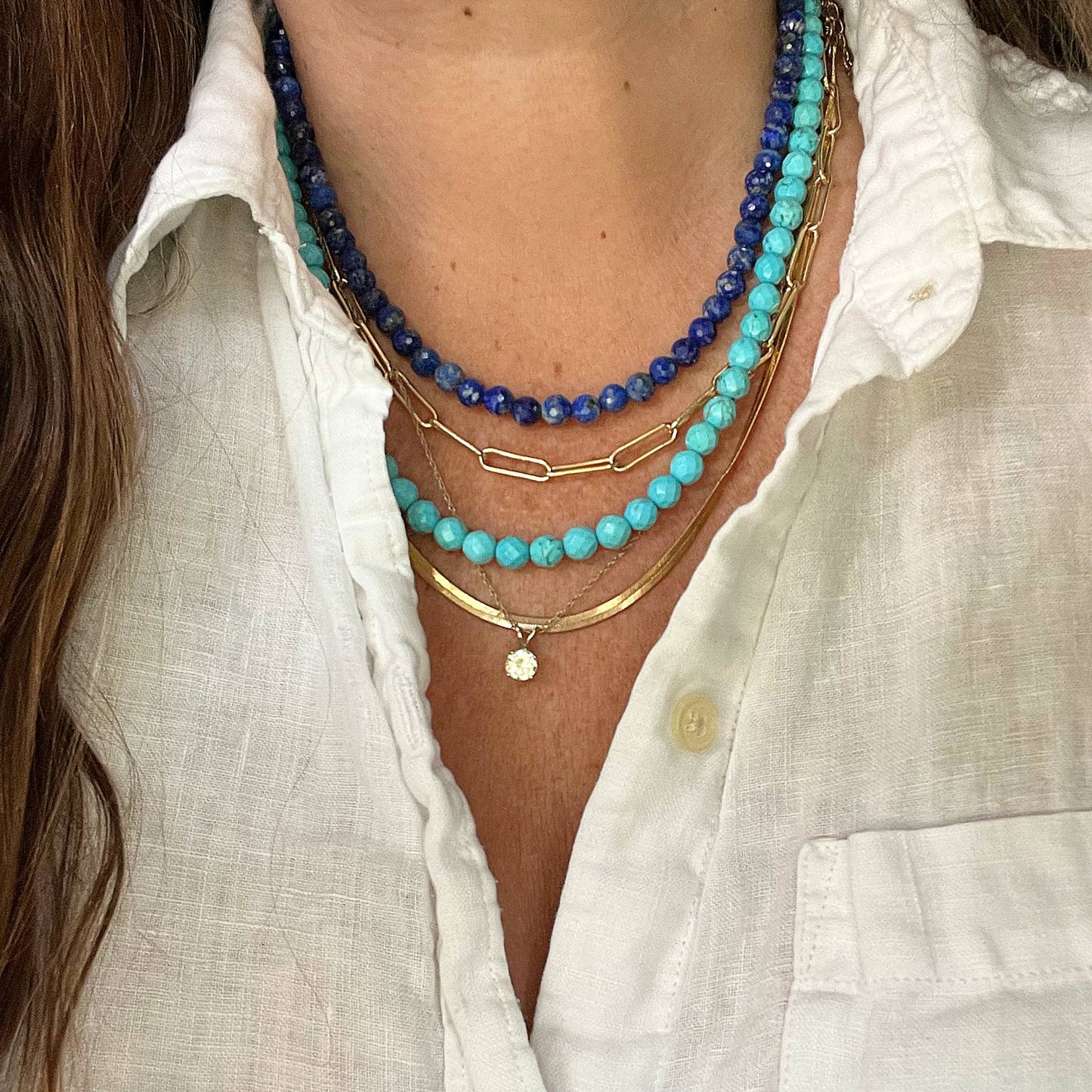 Gemstone Bead Necklace in Turquoise, Blue Lapis, Tiger Eye