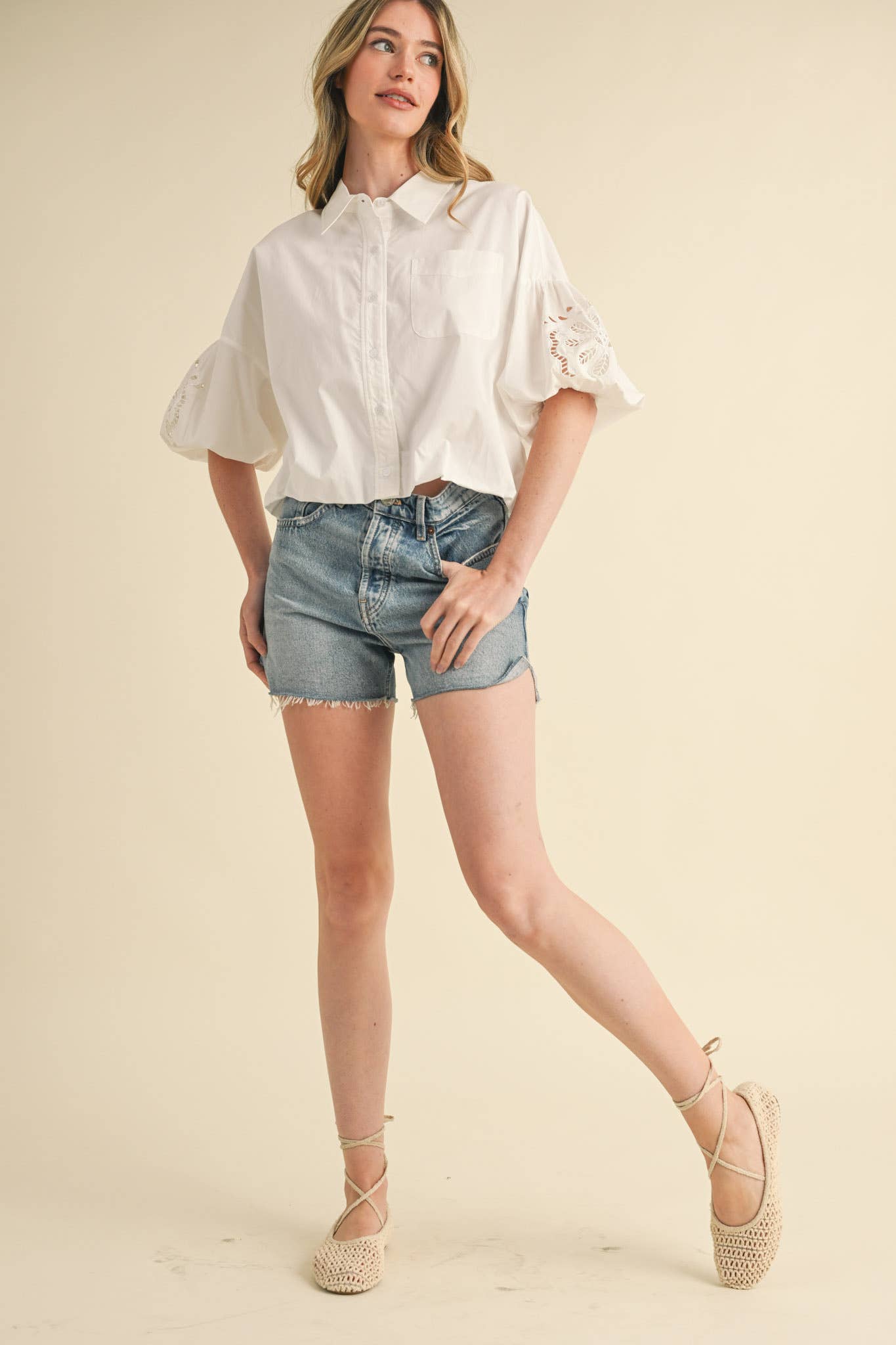 Eyelet Embroidered Bubble Sleeve Top
