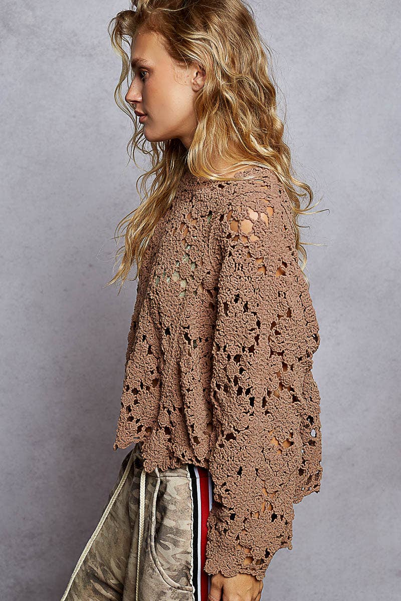 Flare sleeve scalloped edge solid crochet sweater - 2 color options
