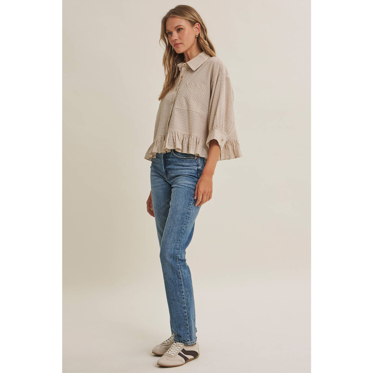 Morning Oat Micro Check Ruffle Hem Button-Down Shirt