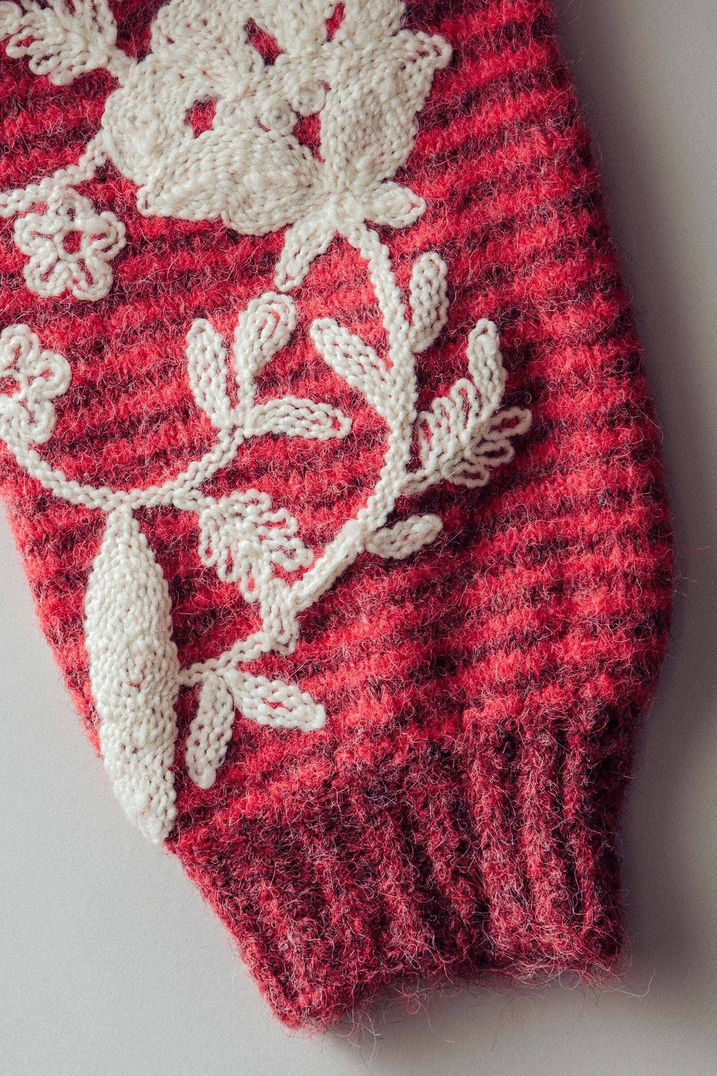 Floral Embroidered Striped Knit Sweater - Rusty Red