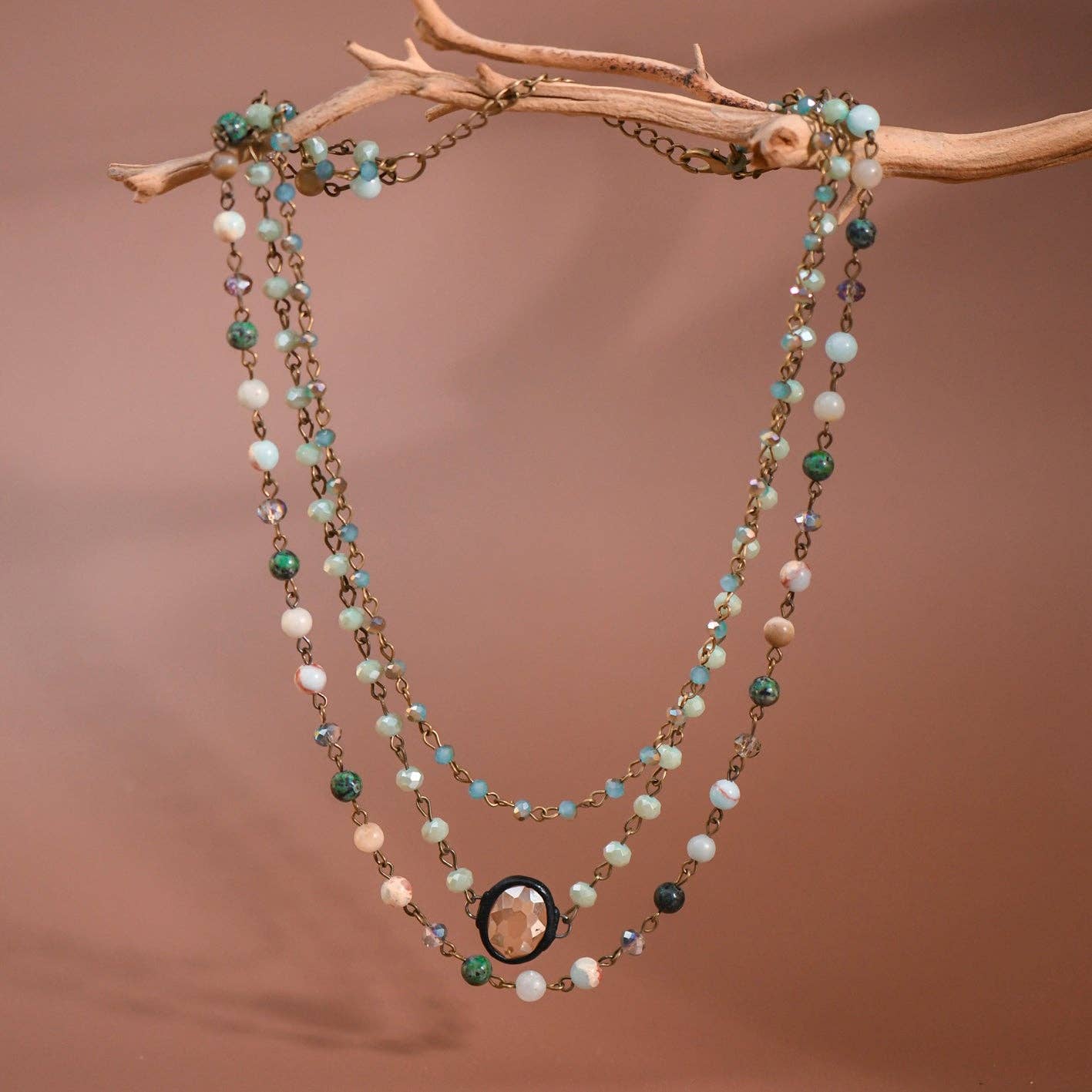Triple Layered Mixed Glass Bead and Stone Necklace - Aqua