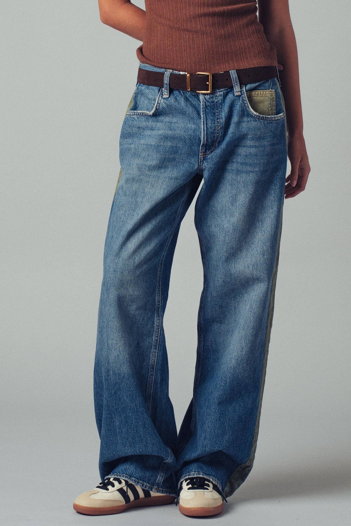Slouchy Relaxed Wide-Leg Utility Stripe Denim Jeans