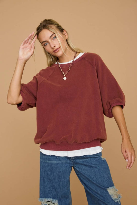 Washed Short Puff Sleeve Pullover Sweatshirt