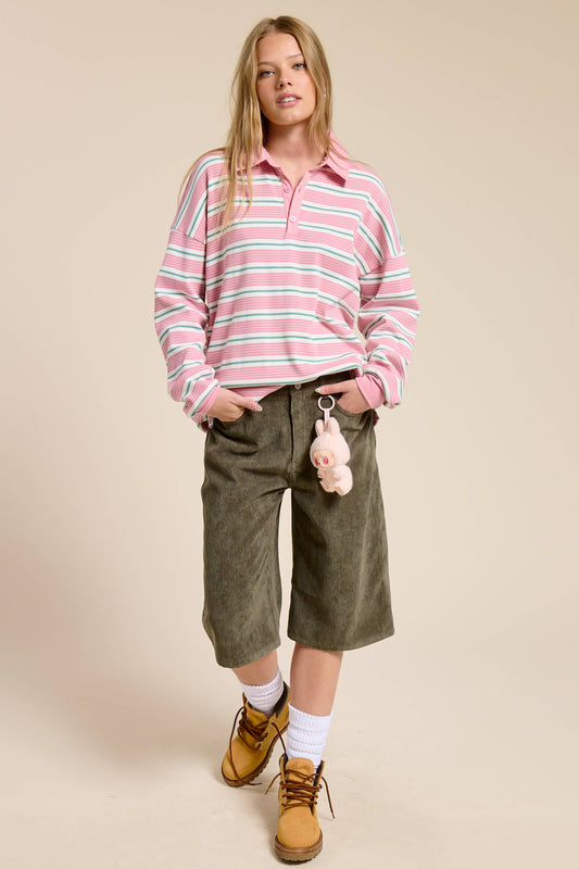 Multicolor Stripe Oversized Long Sleeve Polo Shirt