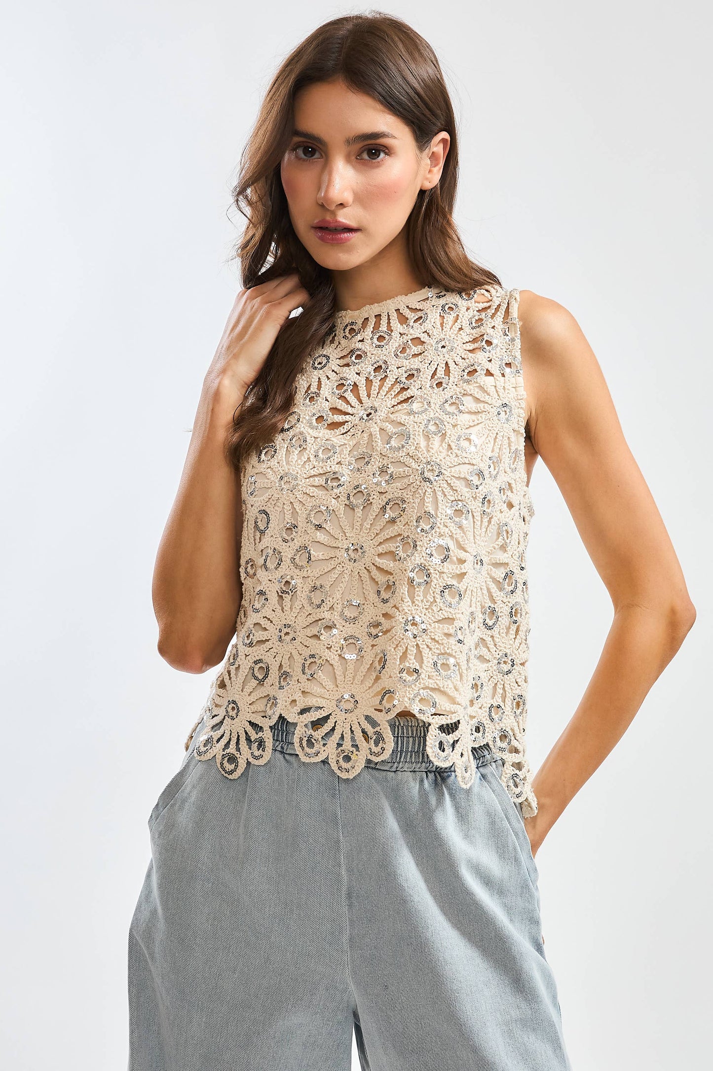 Floral Crochet Lace Sequin Sleeveless Top