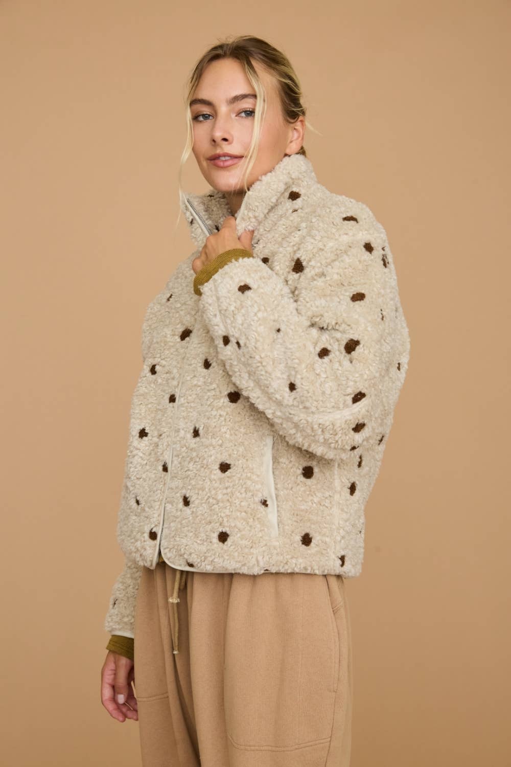 Polka Dot Sherpa Fleece Zip Front Jacket