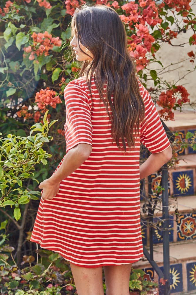 Woven Cotton Striped Short Sleeve Round Neck Mini Dress
