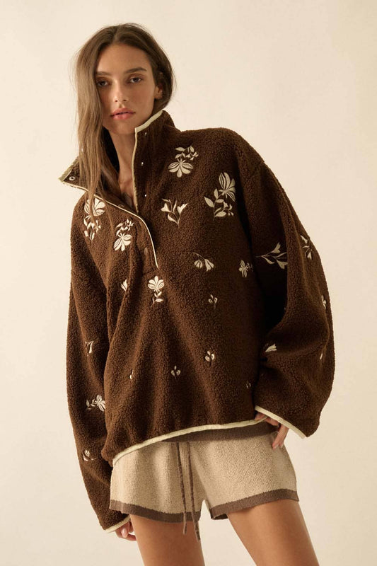 Floral-Embroidered Fleece Half-Snap Pullover