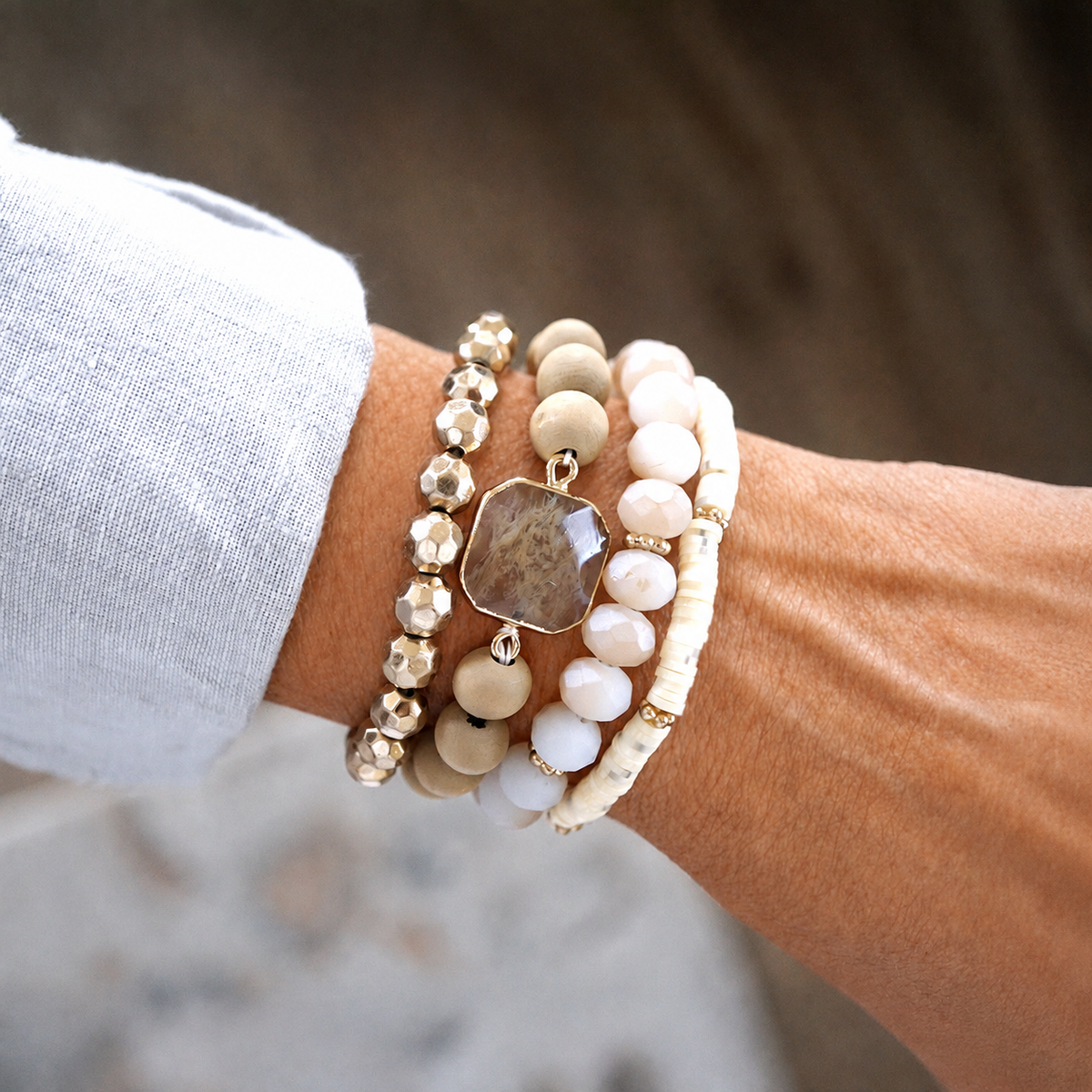 Neutral Beaded Stretch Bracelet Set – Golden Sands Stack