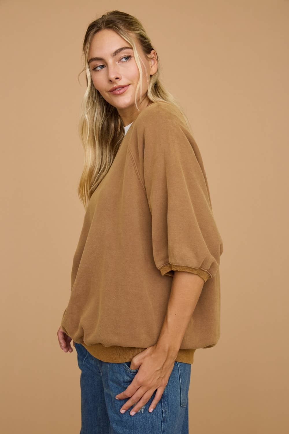 Washed Short Puff Sleeve Pullover Sweatshirt
